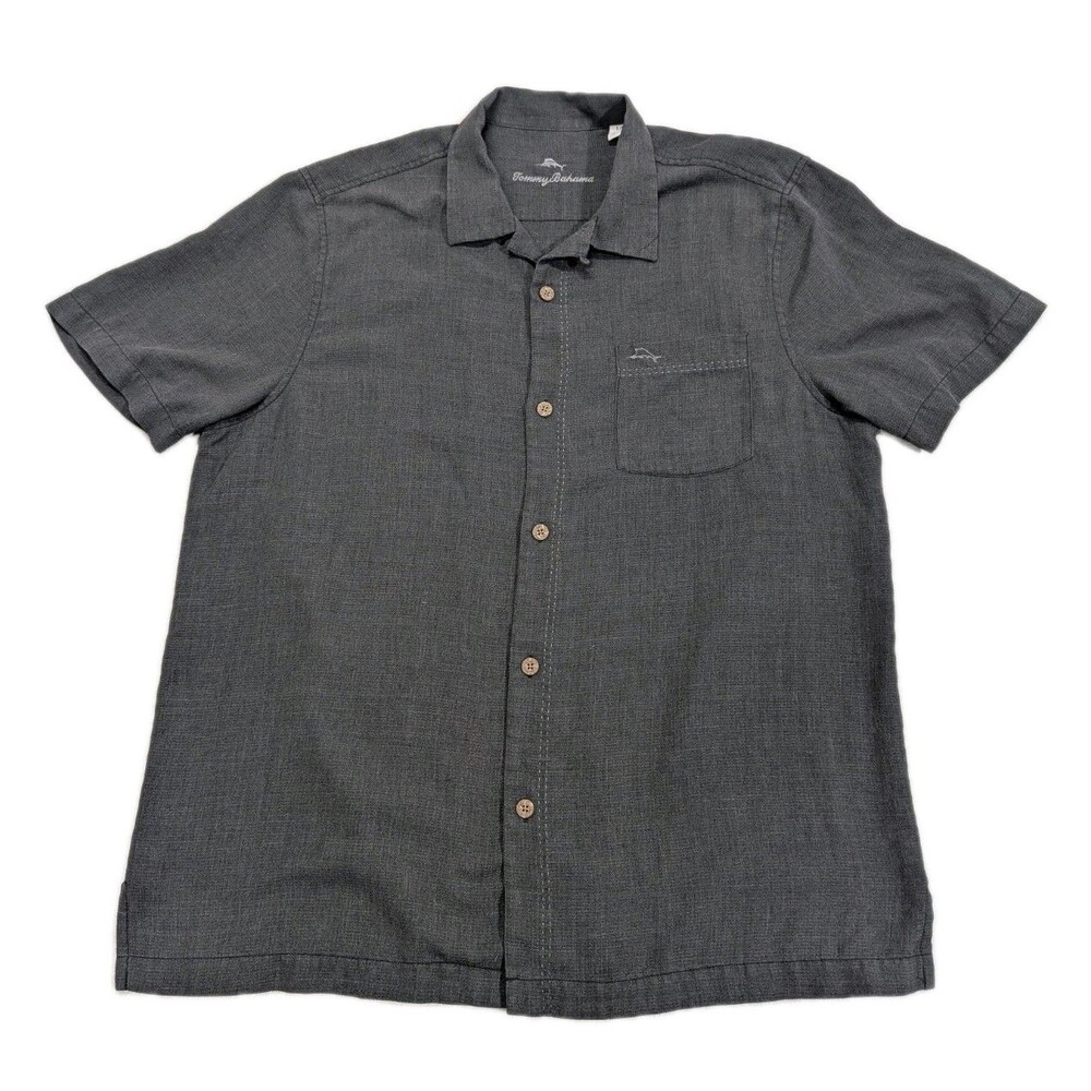 Tommy Bahama IslandZone Shirt Mens Large Gray Silk Blend Marlin Camp Button Up